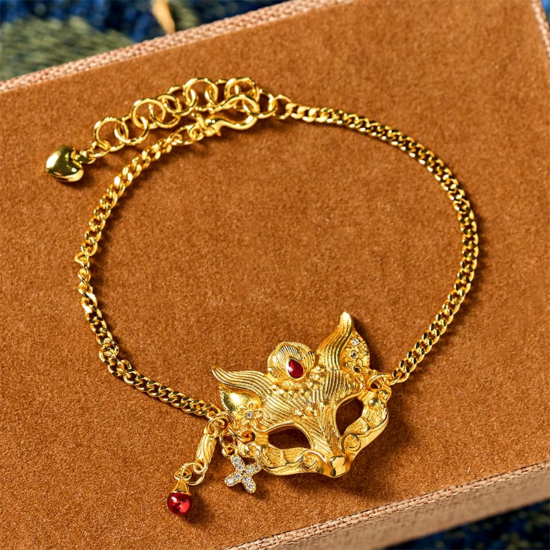 Bracciale con catena a nappa e ciondolo a forma di maschera di volpe in ottone placcato oro 24k Buddha Stones - Image 2