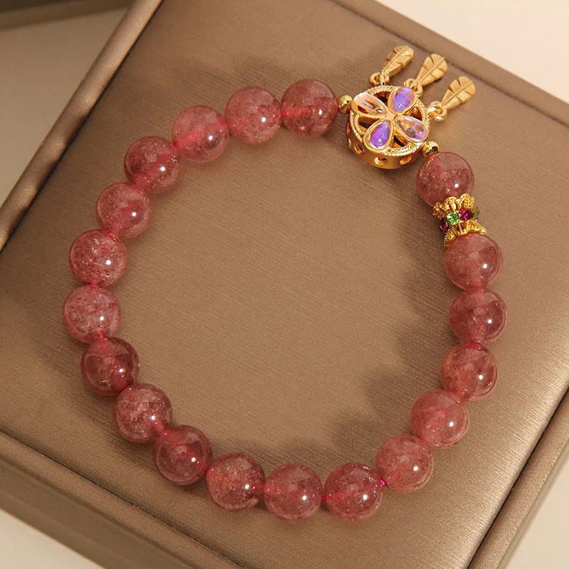 Braccialetto con ciondolo acchiappasogni a forma di quadrifoglio naturale con Buddha Stones e quarzo fragola - Image 5