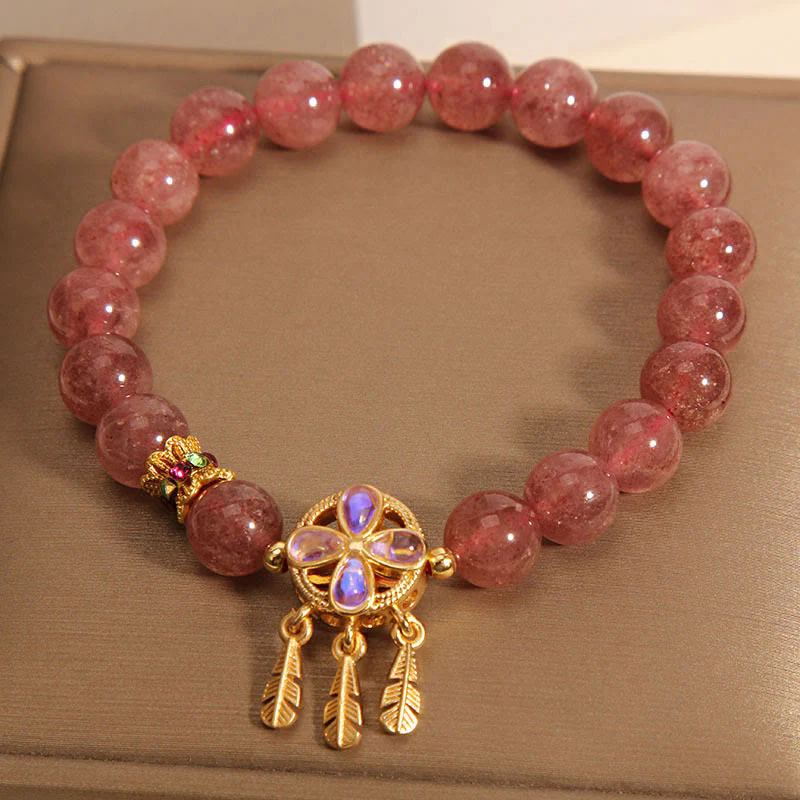Braccialetto con ciondolo acchiappasogni a forma di quadrifoglio naturale con Buddha Stones e quarzo fragola - Image 7
