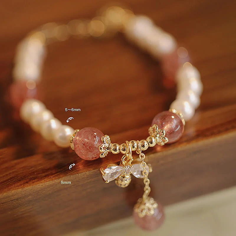 Braccialetto con ciondolo ape carino con perle naturali e quarzo fragola Buddha Stones - Image 8