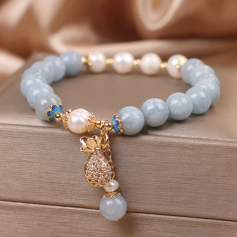 Braccialetto con ciondolo Buddha Stones Aquamarine Pearl Fortune Money Bag - Image 3