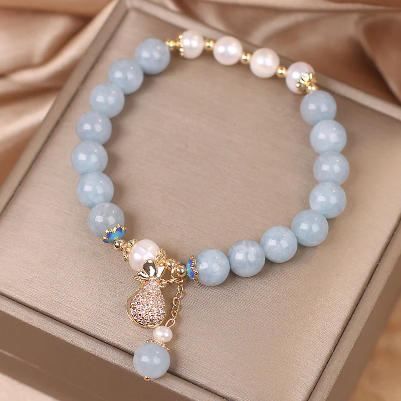 Braccialetto con ciondolo Buddha Stones Aquamarine Pearl Fortune Money Bag - Image 4