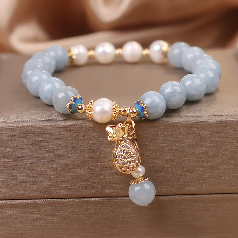 Braccialetto con ciondolo Buddha Stones Aquamarine Pearl Fortune Money Bag - Image 5