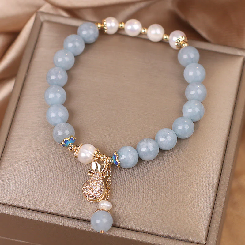 Braccialetto con ciondolo Buddha Stones Aquamarine Pearl Fortune Money Bag - Image 7
