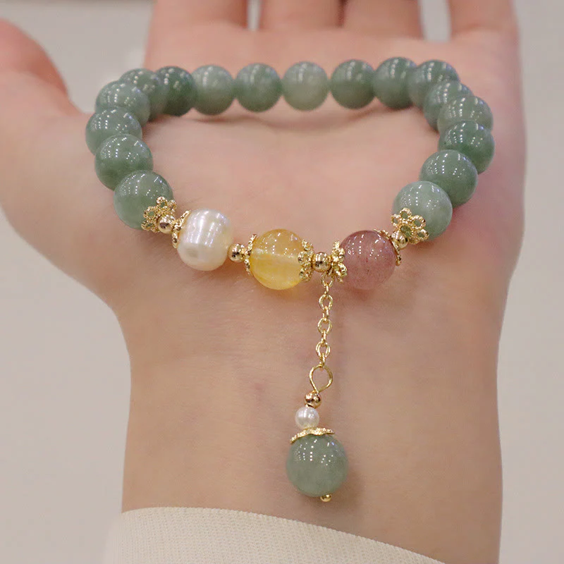 Braccialetto con ciondolo di perle di giada e quarzo fragola, Buddha Stones , abbondanza e fortuna