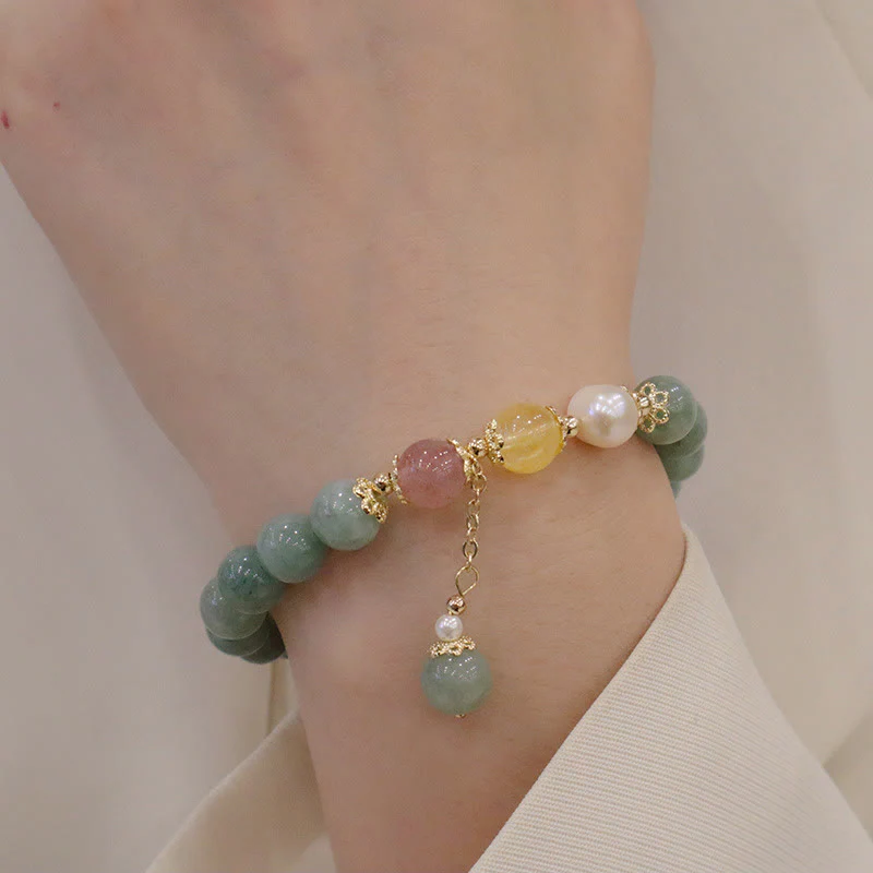 Braccialetto con ciondolo di perle di giada e quarzo fragola, Buddha Stones , abbondanza e fortuna - Image 5