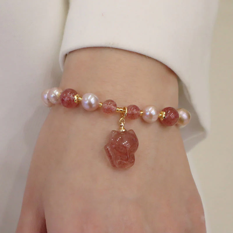 Braccialetto con ciondolo guarigione amore volpe carina perla naturale quarzo fragola Buddha Stones - Image 11