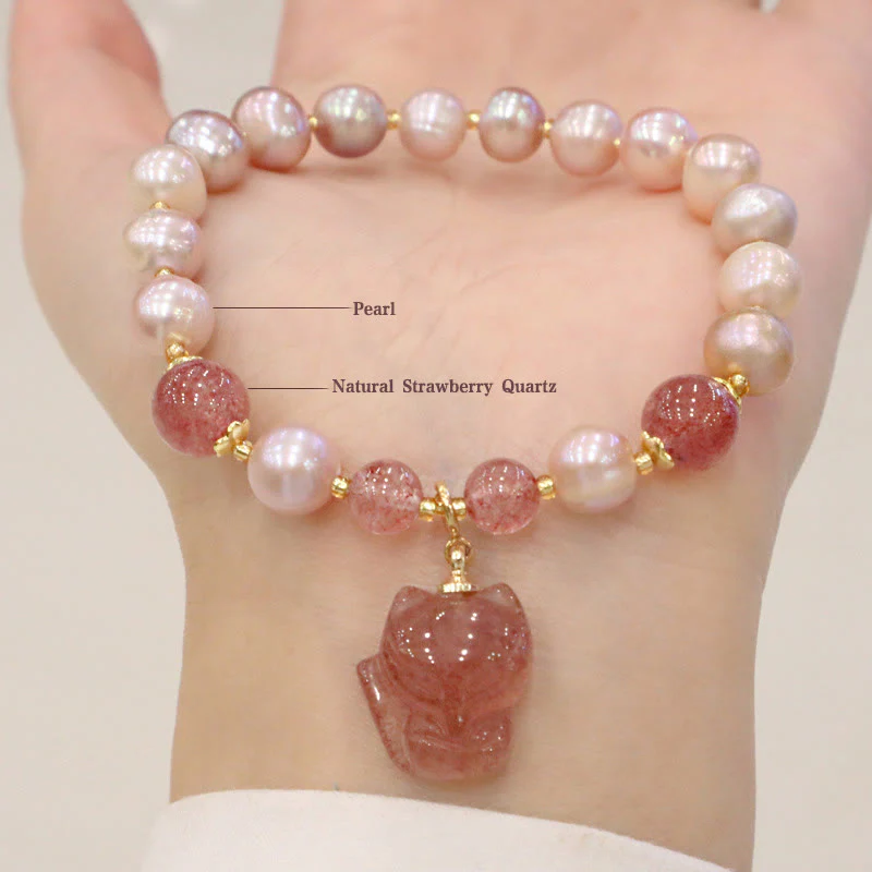 Braccialetto con ciondolo guarigione amore volpe carina perla naturale quarzo fragola Buddha Stones - Image 13