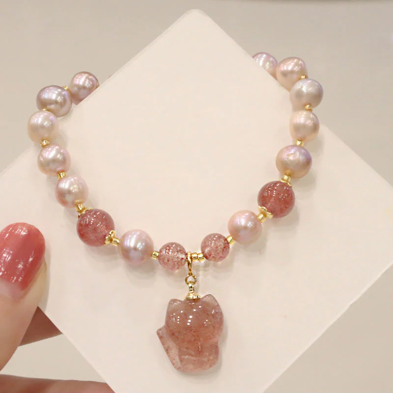 Braccialetto con ciondolo guarigione amore volpe carina perla naturale quarzo fragola Buddha Stones - Image 3