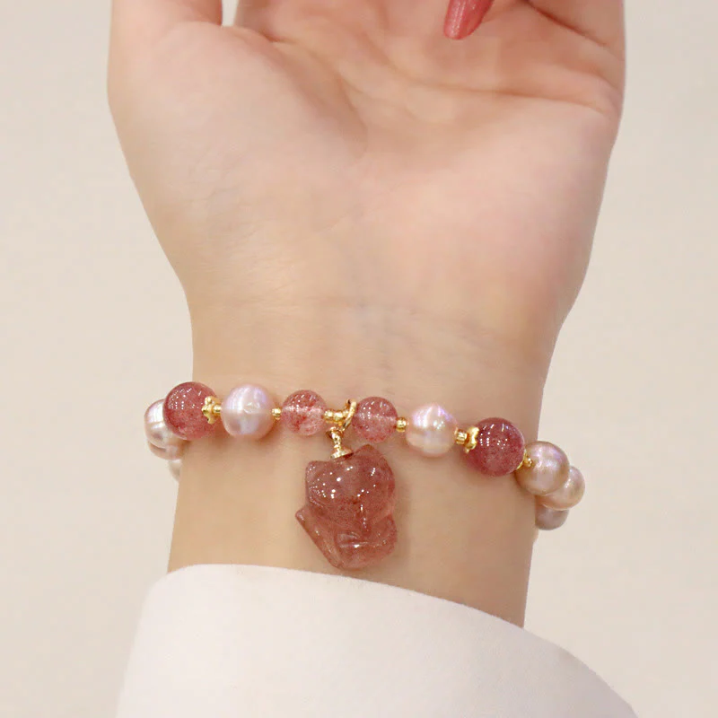 Braccialetto con ciondolo guarigione amore volpe carina perla naturale quarzo fragola Buddha Stones - Image 7