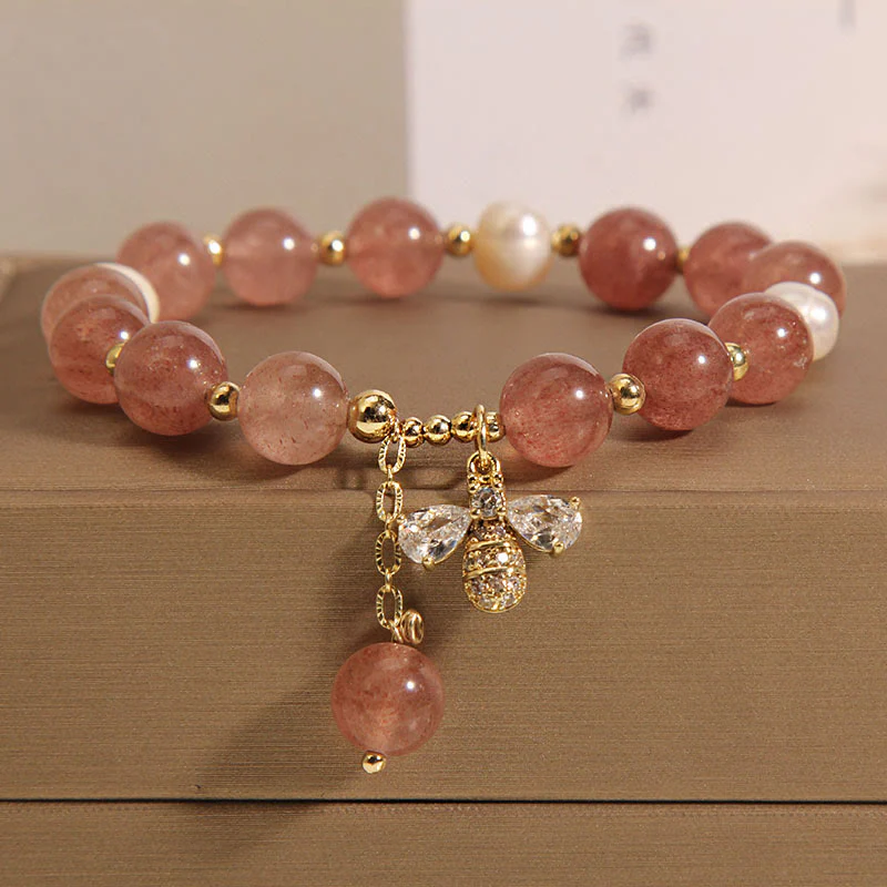 Braccialetto con ciondolo positivo ape con zircone carino e quarzo fragola perla Buddha Stones