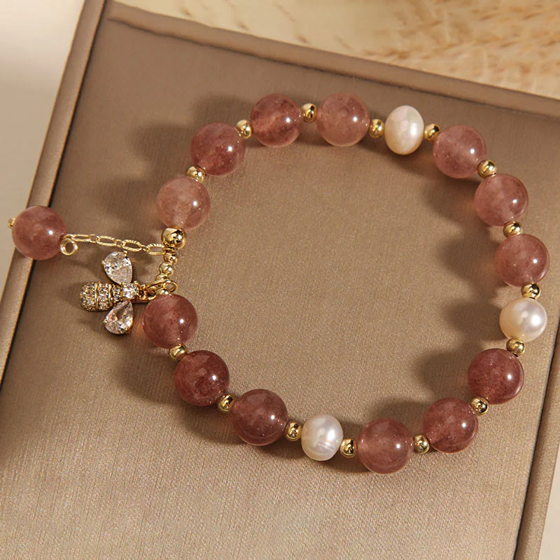 Braccialetto con ciondolo positivo ape con zircone carino e quarzo fragola perla Buddha Stones - Image 8
