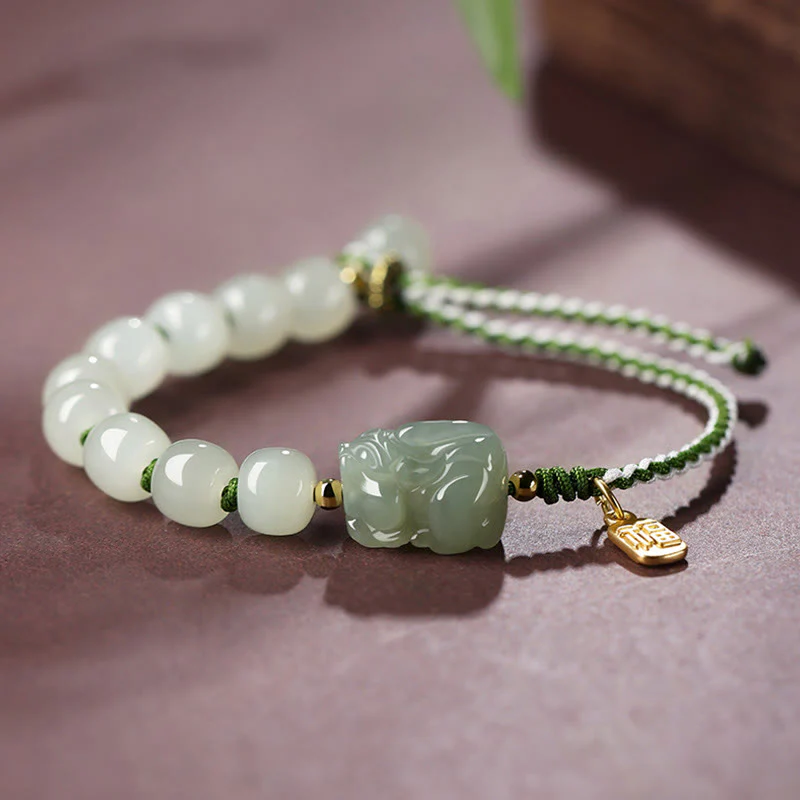 Braccialetto con corda in giada naturale Hetian PiXiu Luck Fu Character