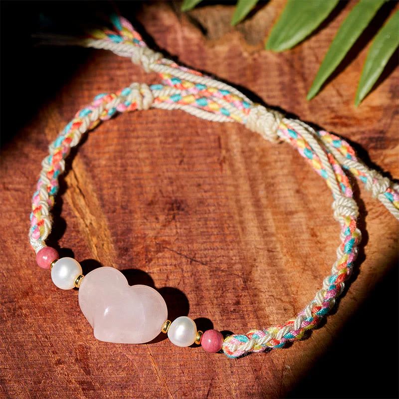 Braccialetto con corda intrecciata in cristallo rosa e design a cuore Buddha Stones e amore caldo - Image 2
