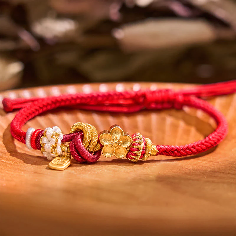 Braccialetto con corda rossa Buddha Stones, ciondolo felicità, fiori di pesco - Image 3