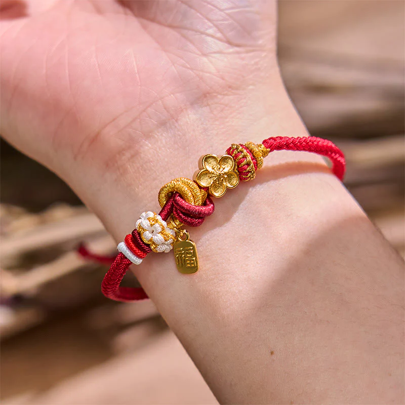 Braccialetto con corda rossa Buddha Stones, ciondolo felicità, fiori di pesco - Image 4