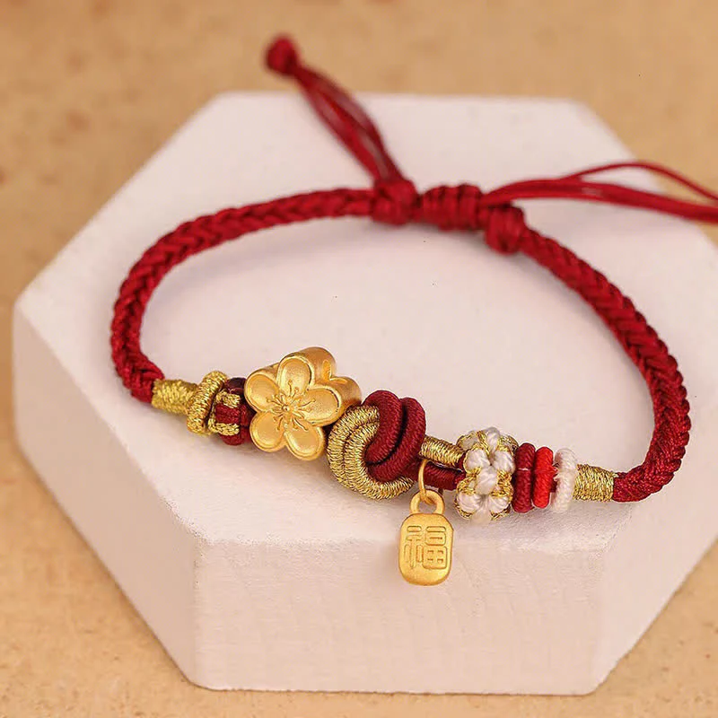 Braccialetto con corda rossa Buddha Stones, ciondolo felicità, fiori di pesco - Image 5