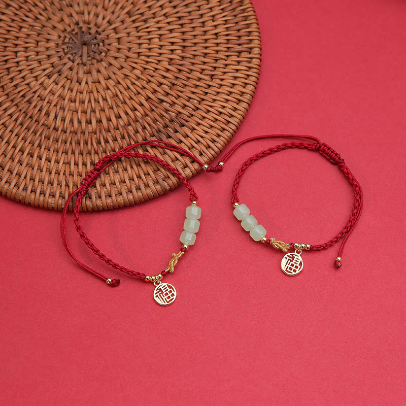 Braccialetto con corda rossa con ciondolo a forma di carattere Fu, con perline di giada lavorate a mano Buddha Stones - Image 3