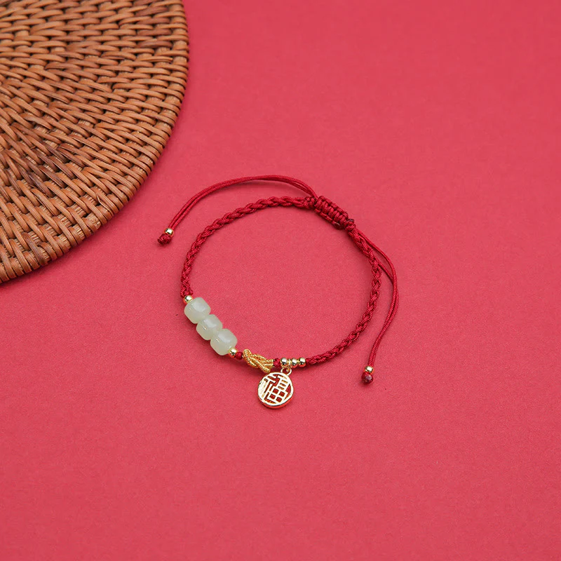 Braccialetto con corda rossa con ciondolo a forma di carattere Fu, con perline di giada lavorate a mano Buddha Stones - Image 4