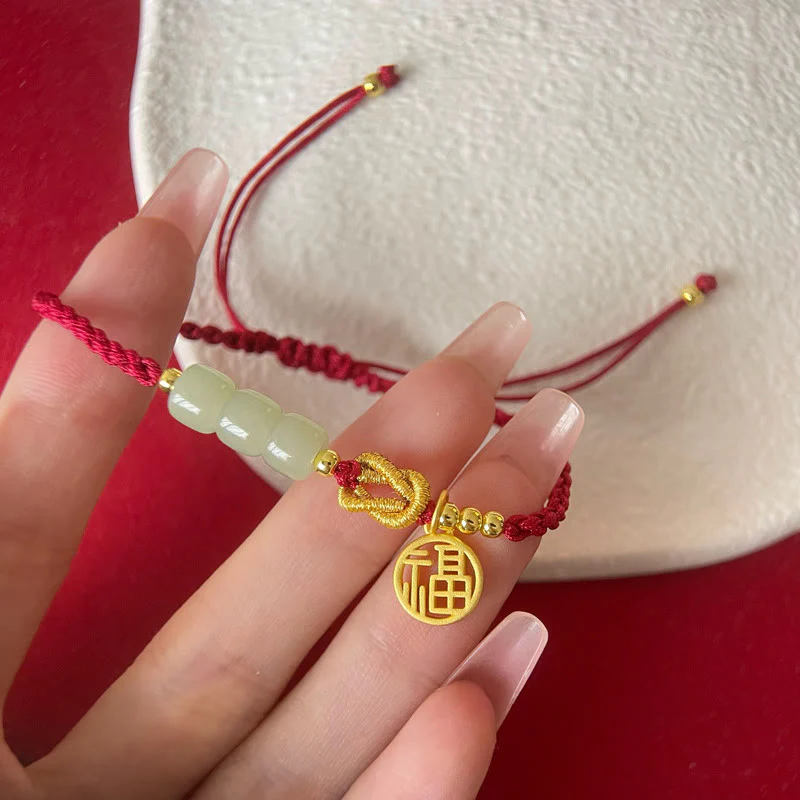 Braccialetto con corda rossa con ciondolo a forma di carattere Fu, con perline di giada lavorate a mano Buddha Stones - Image 8