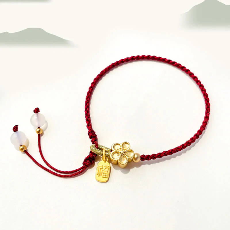 Braccialetto con corda rossa con ciondolo a forma di fiocco con rosetta in fiore di pesco fatto a mano con carattere Fu e nodo Buddha Stones - Image 3