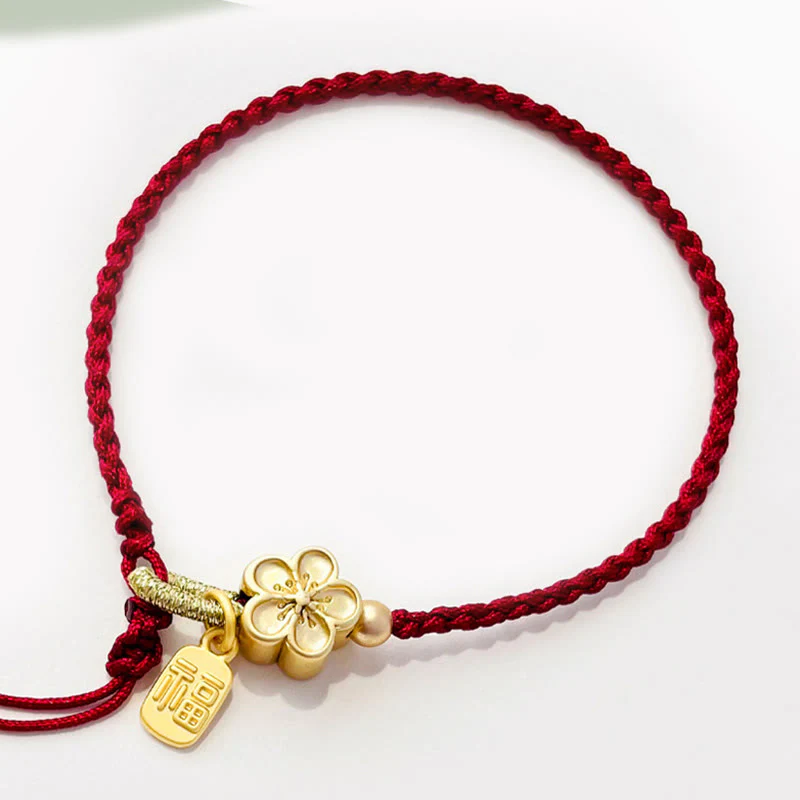 Braccialetto con corda rossa con ciondolo a forma di fiocco con rosetta in fiore di pesco fatto a mano con carattere Fu e nodo Buddha Stones - Image 4