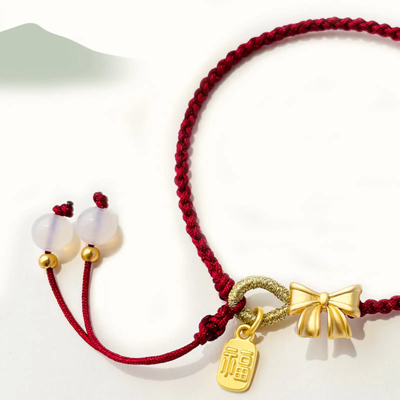 Braccialetto con corda rossa con ciondolo a forma di fiocco con rosetta in fiore di pesco fatto a mano con carattere Fu e nodo Buddha Stones - Image 7