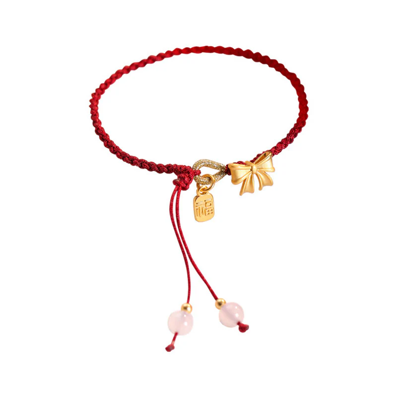 Braccialetto con corda rossa con ciondolo a forma di fiocco con rosetta in fiore di pesco fatto a mano con carattere Fu e nodo Buddha Stones - Image 9