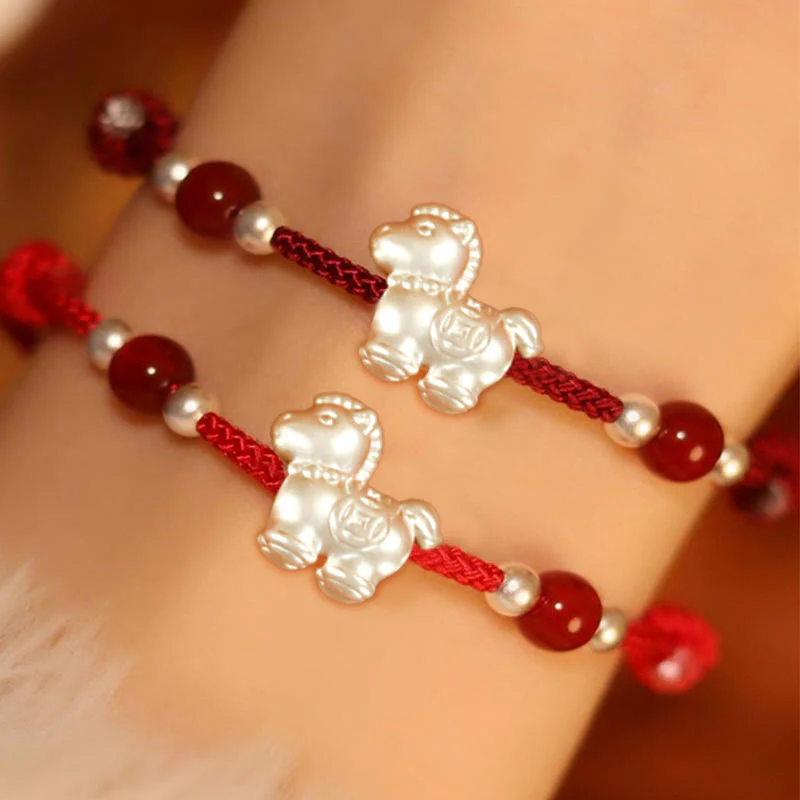 Braccialetto con cordino della prosperità dell'anno del cavallo in argento sterling 999 con agata rossa e Buddha Stones - Image 22