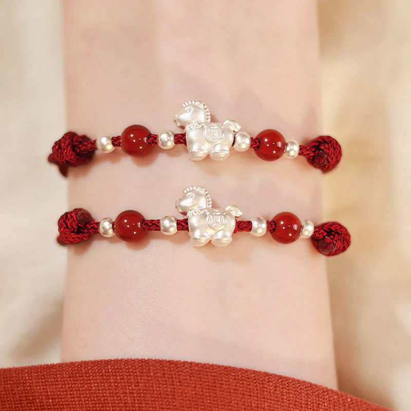Braccialetto con cordino della prosperità dell'anno del cavallo in argento sterling 999 con agata rossa e Buddha Stones - Image 23