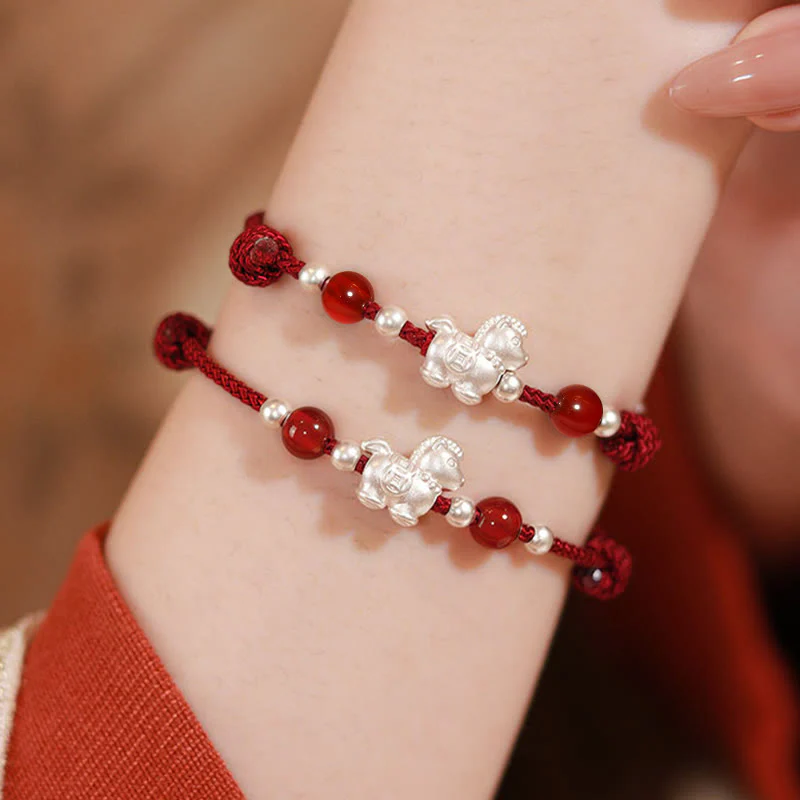 Braccialetto con cordino della prosperità dell'anno del cavallo in argento sterling 999 con agata rossa e Buddha Stones - Image 24