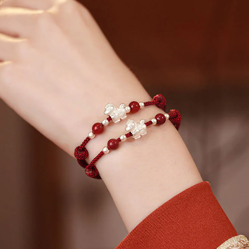 Braccialetto con cordino della prosperità dell'anno del cavallo in argento sterling 999 con agata rossa e Buddha Stones - Image 25