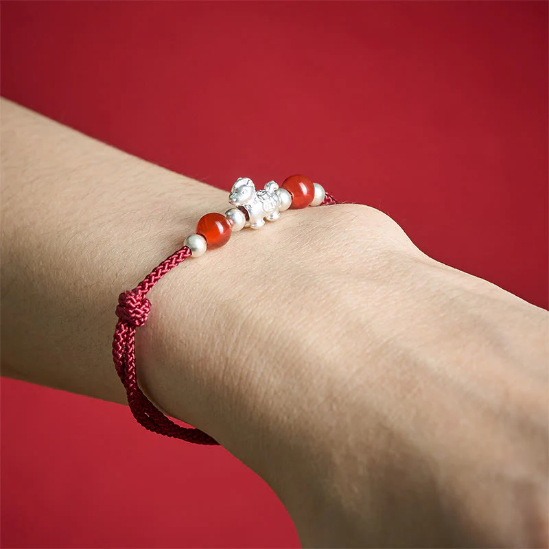 Braccialetto con cordino della prosperità dell'anno del cavallo in argento sterling 999 con agata rossa e Buddha Stones - Image 5