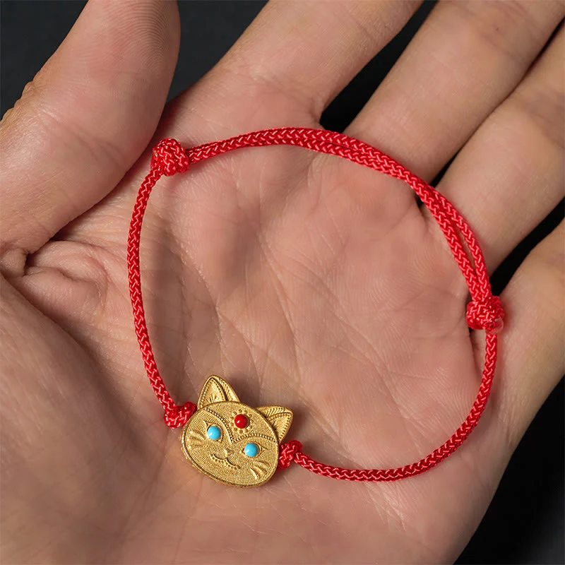 Braccialetto con cordino rosso a forma di gatto in argento sterling 925 Buddha Stones - Image 4