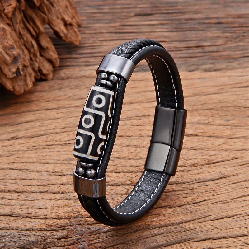 Braccialetto con fibbia in pelle con perline Dzi a nove occhi tibetani Buddha Stones