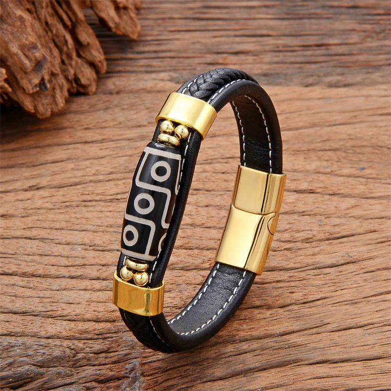 Braccialetto con fibbia in pelle con perline Dzi a nove occhi tibetani Buddha Stones - Image 2