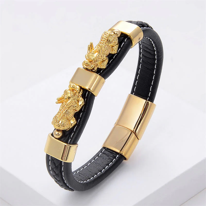 Braccialetto con fibbia magnetica in pelle Buddha Stones e doppio PiXiu Wealth Luck