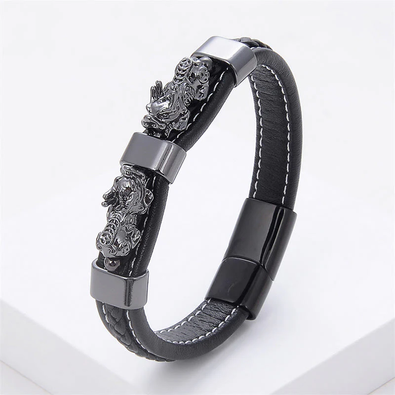 Braccialetto con fibbia magnetica in pelle Buddha Stones e doppio PiXiu Wealth Luck - Image 10