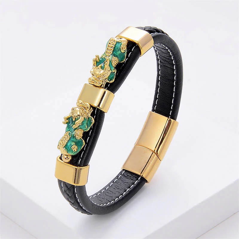 Braccialetto con fibbia magnetica in pelle Buddha Stones e doppio PiXiu Wealth Luck - Image 3