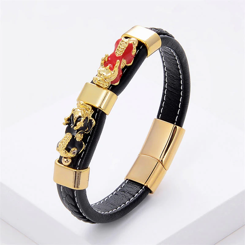 Braccialetto con fibbia magnetica in pelle Buddha Stones e doppio PiXiu Wealth Luck - Image 4