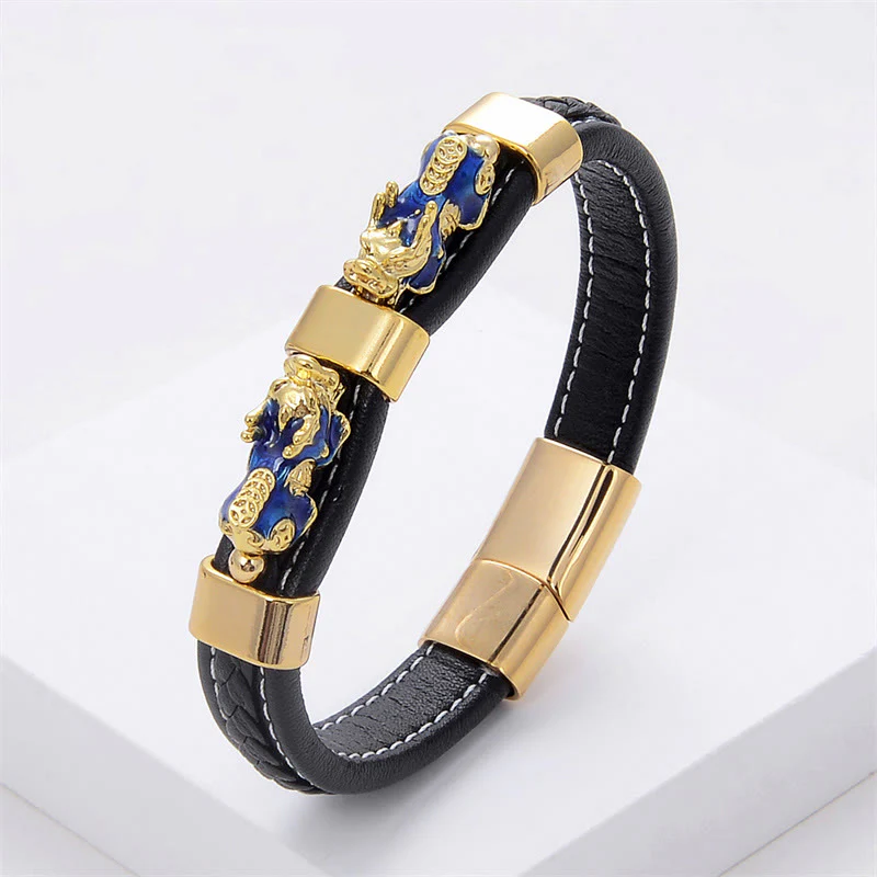 Braccialetto con fibbia magnetica in pelle Buddha Stones e doppio PiXiu Wealth Luck - Image 5