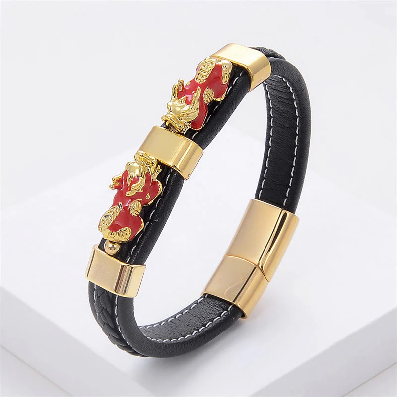 Braccialetto con fibbia magnetica in pelle Buddha Stones e doppio PiXiu Wealth Luck - Image 8