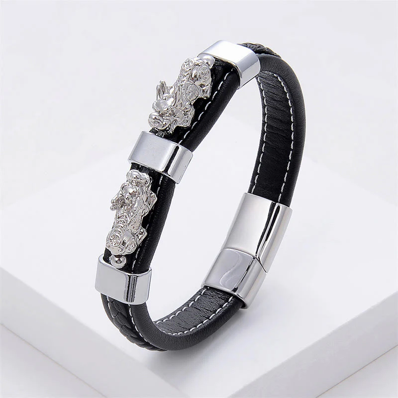 Braccialetto con fibbia magnetica in pelle Buddha Stones e doppio PiXiu Wealth Luck - Image 9