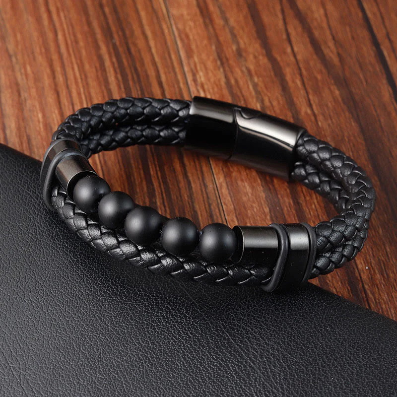 Braccialetto con fibbia magnetica in pelle curativa in pietra lavica Buddha Stones Frosted Stone - Image 9