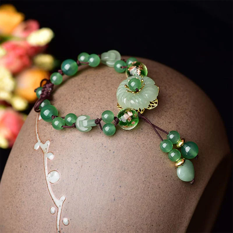 Braccialetto con fiori pendenti in giada verde naturale Buddha Stones Luck - Image 4