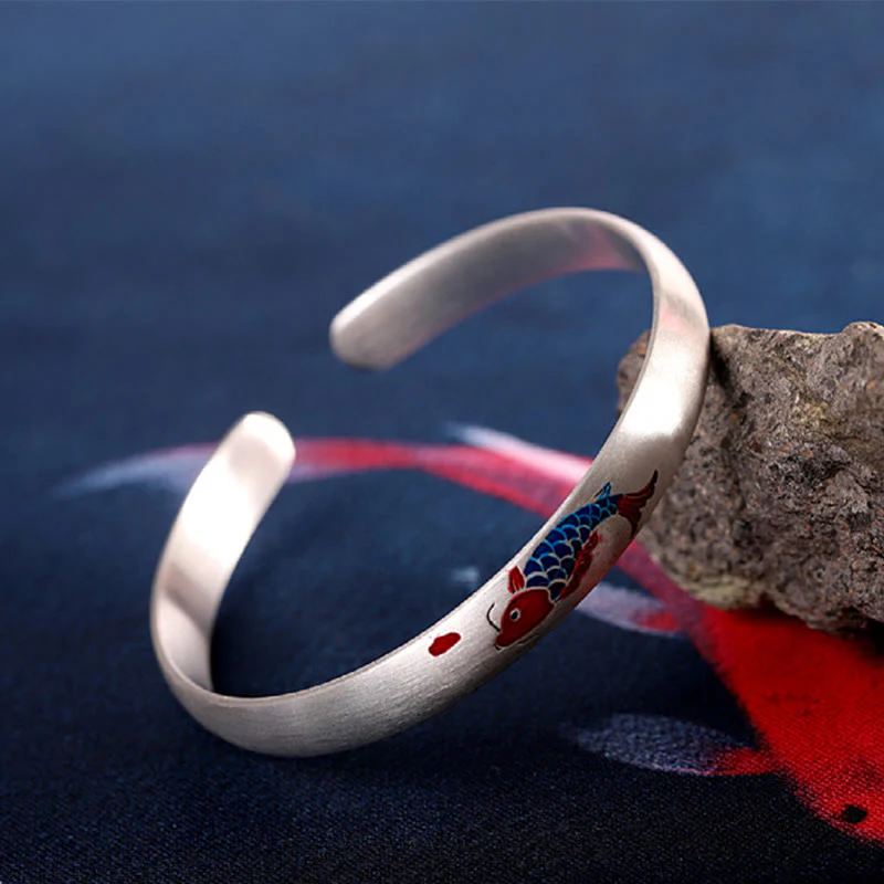 Braccialetto con polsino portafortuna in argento sterling 999 con pesce koi Buddha Stones - Image 5