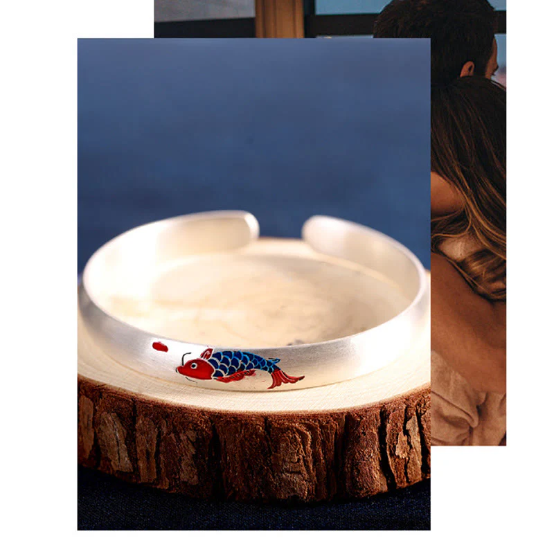 Braccialetto con polsino portafortuna in argento sterling 999 con pesce koi Buddha Stones - Image 7