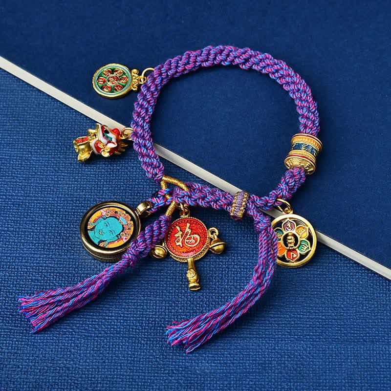Braccialetto con treccia di corda della fortuna Thangka della dea della ricchezza Tara verde tibetana Zakiram