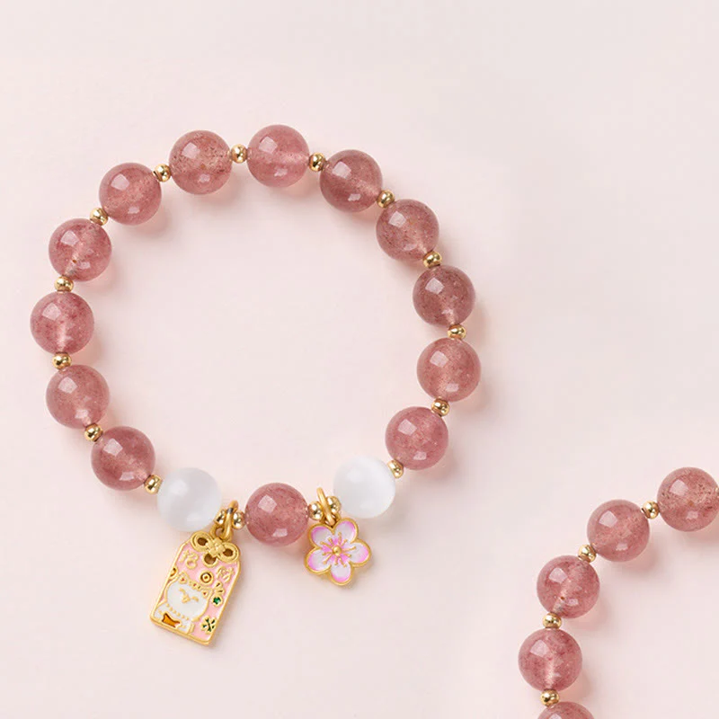 Braccialetto curativo con Buddha Stones, gatto portafortuna, fiori di pesco, quarzo fragola, occhio di gatto bianco - Image 2