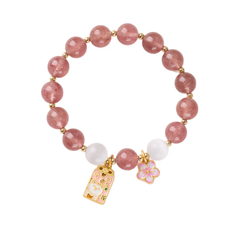 Braccialetto curativo con Buddha Stones, gatto portafortuna, fiori di pesco, quarzo fragola, occhio di gatto bianco - Image 4
